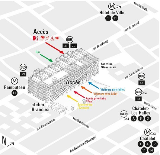 plan des différents accès du Centre Pompidou et de la Bpi.