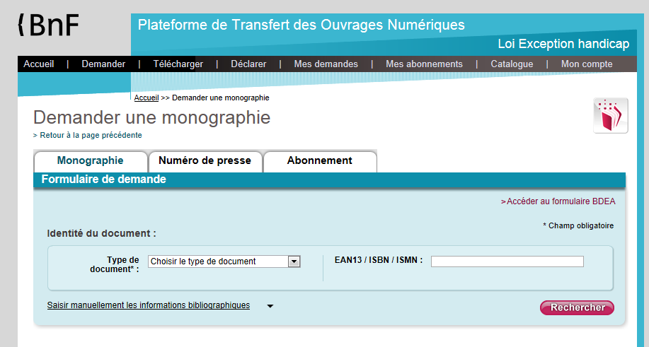 copie d'écran de la plateforme de transfert des ouvrages numériques