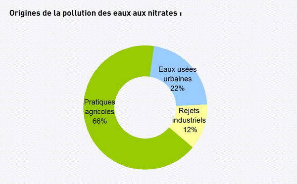 Pollution à 66% par les pratiques agricoles, 22% les eaux usées et 12% de rejets industriels