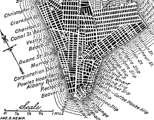 Sur le le Commissioners’ plan, le quadrillage des rues est beaucoup plus dense et régulier.